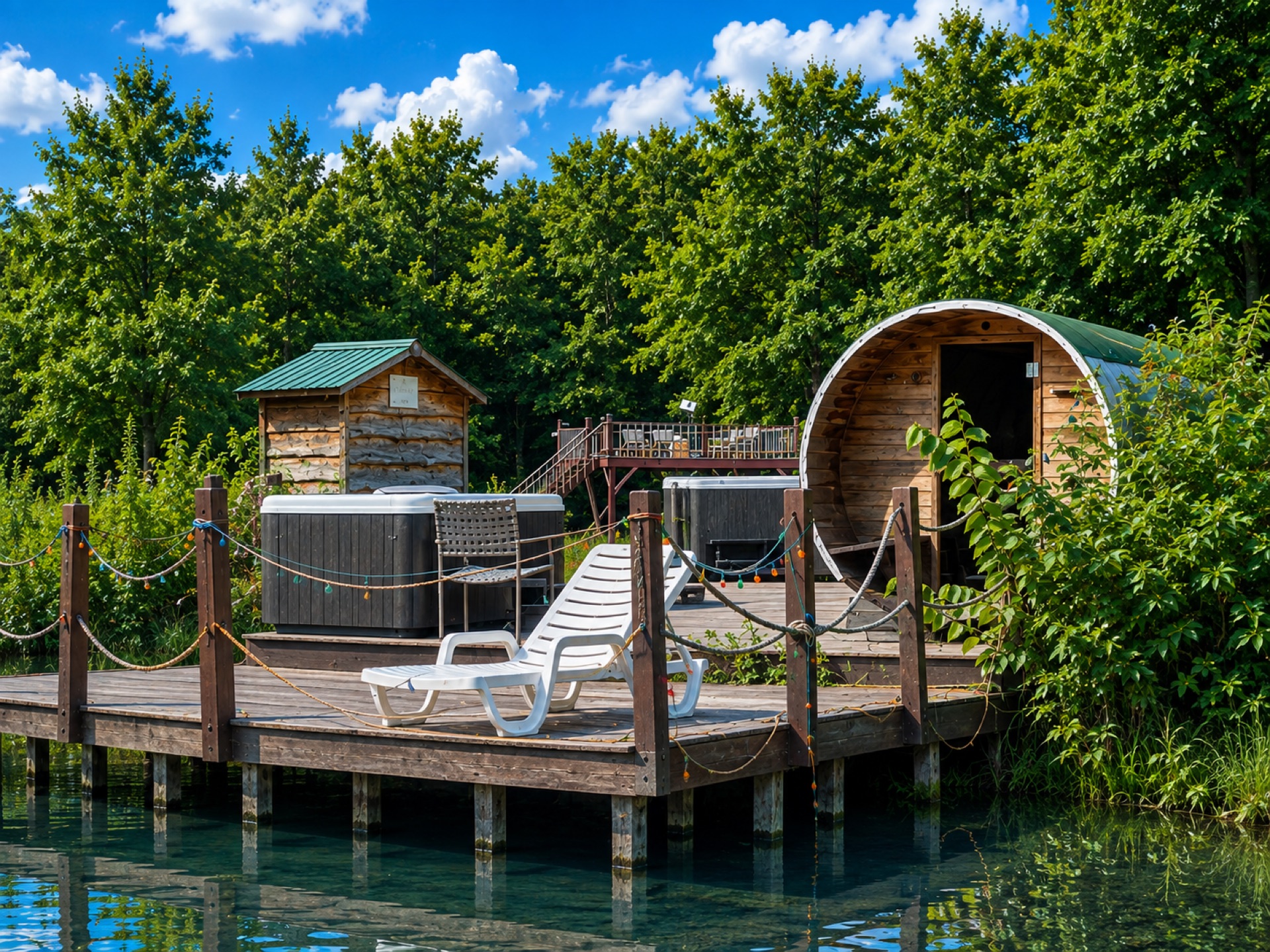 Lakeside deck with hot tubs and barrel sauna at 9 Lake Resort