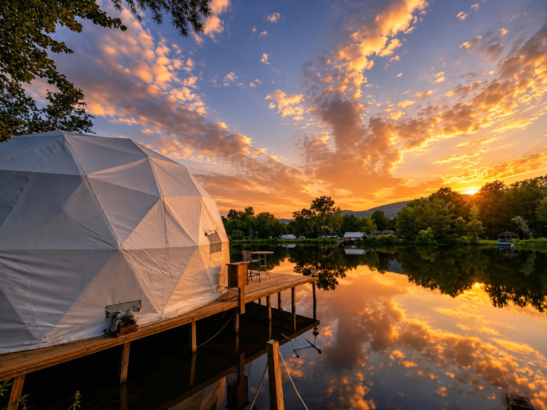 Glamping dome interior view at sunset