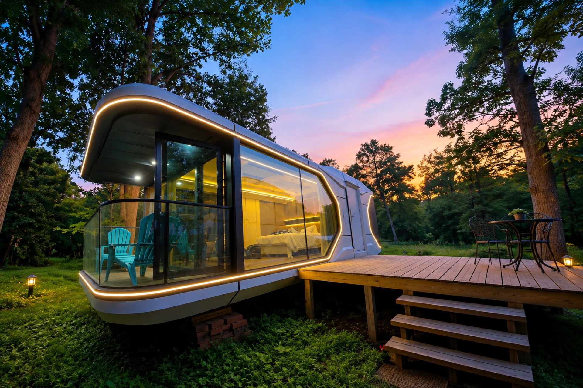 Modern glamping pod at sunset by the lake