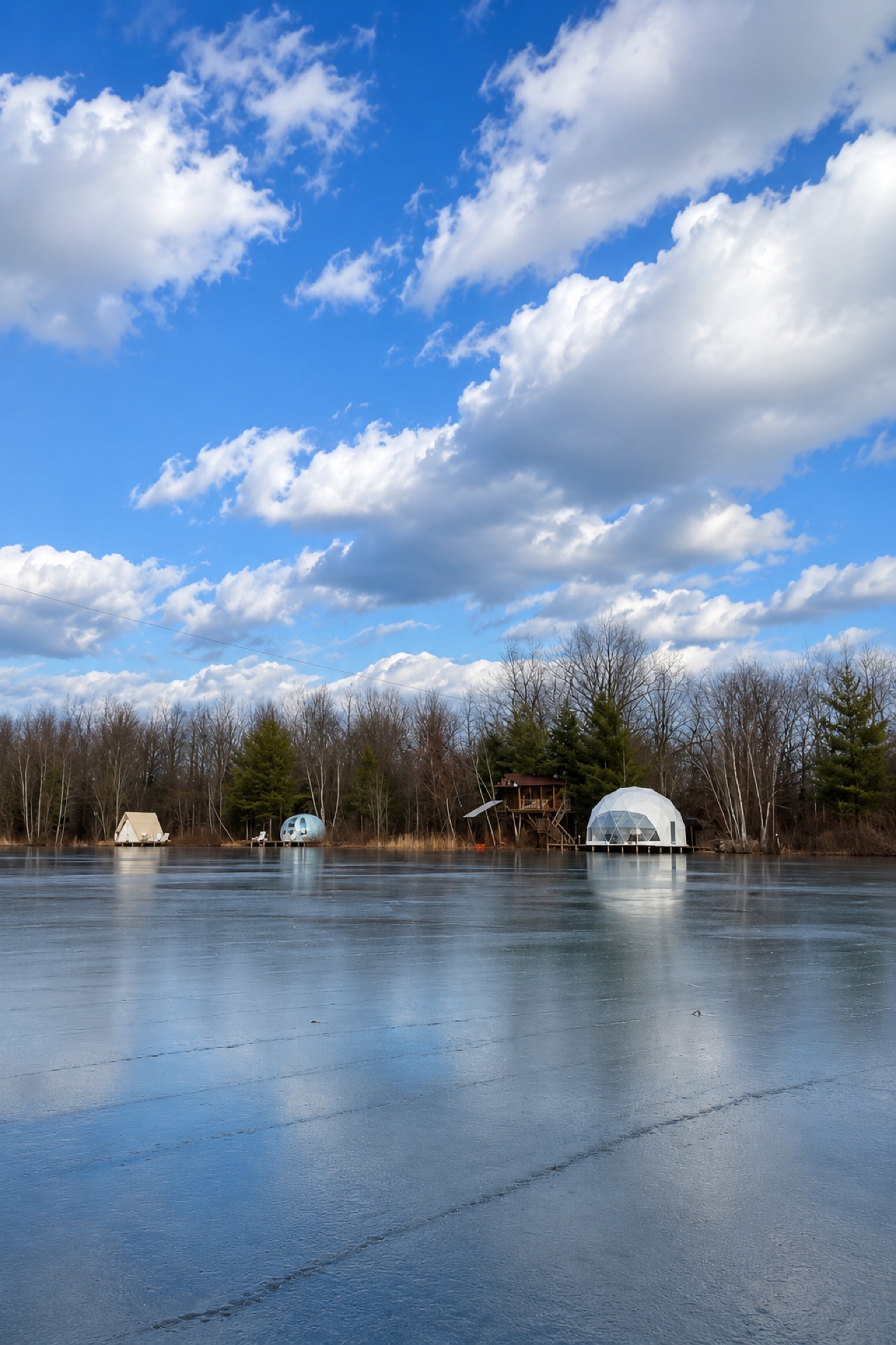 Frozen lake in winter with glamping domes