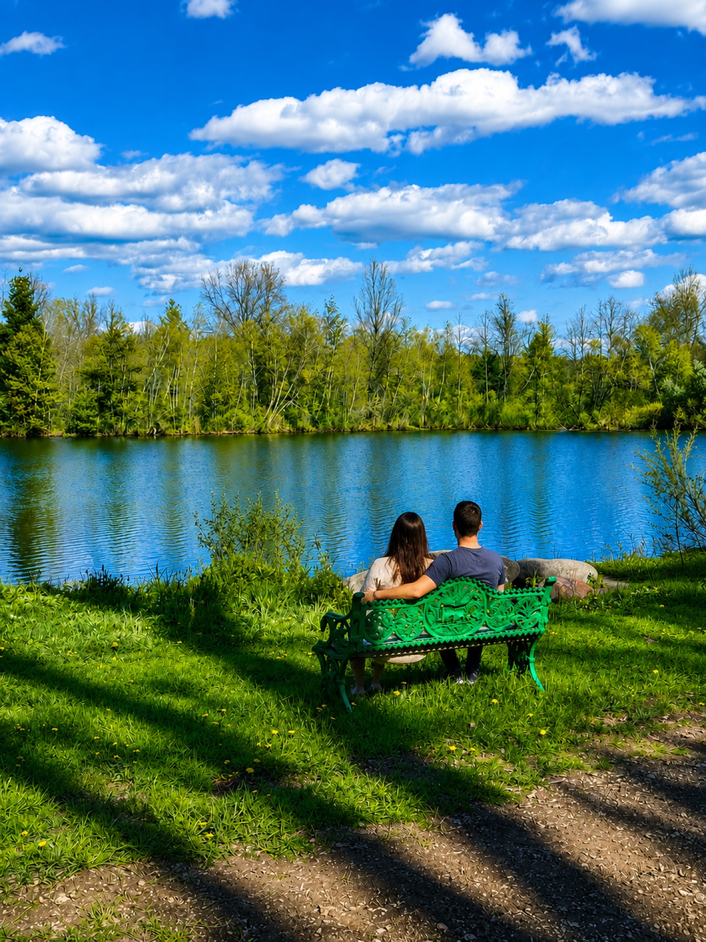 A couple relaxing on a lakeside bench overlooking 9 Lake Resort