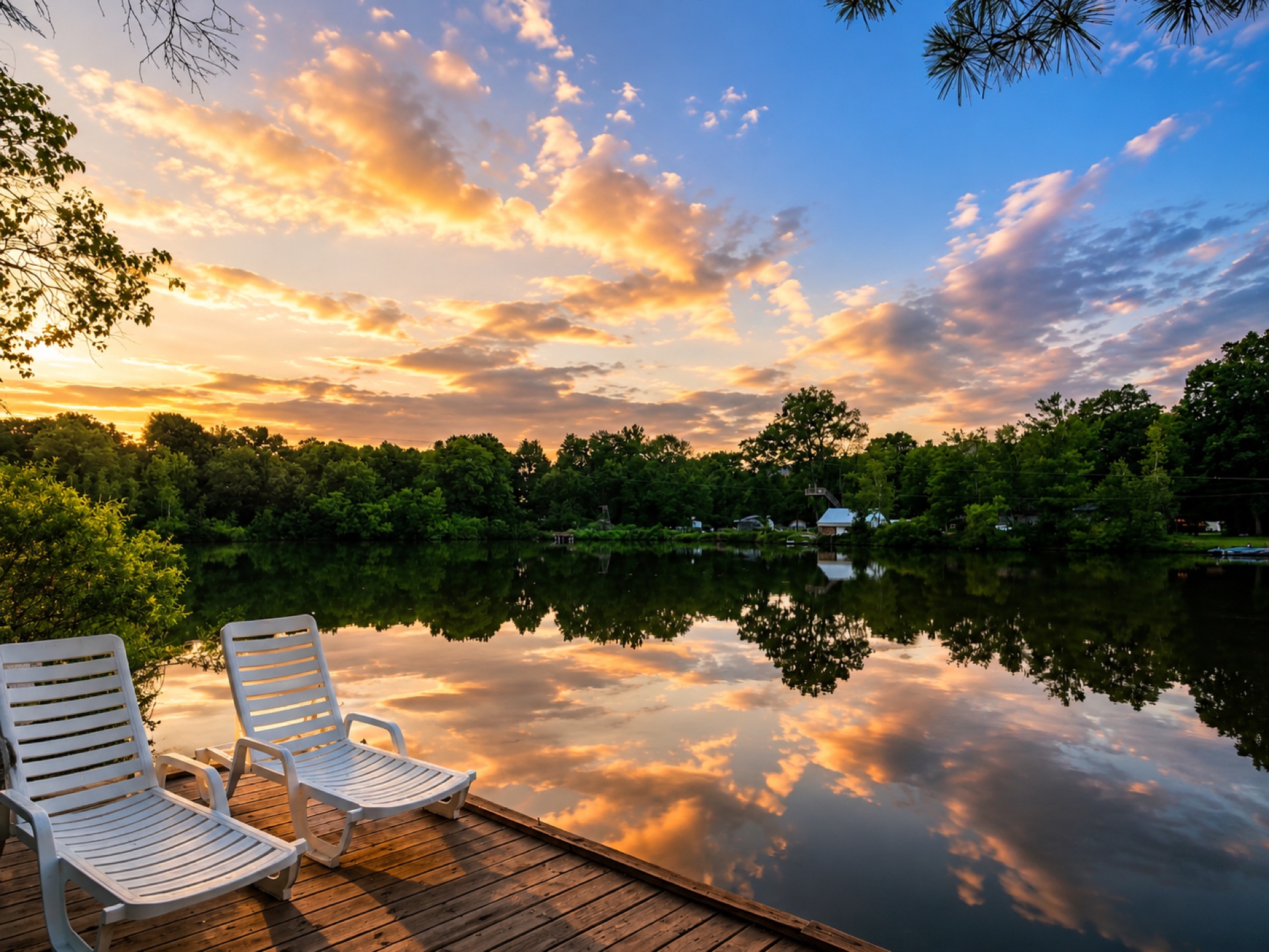 Lounge chairs on the dock at sunset